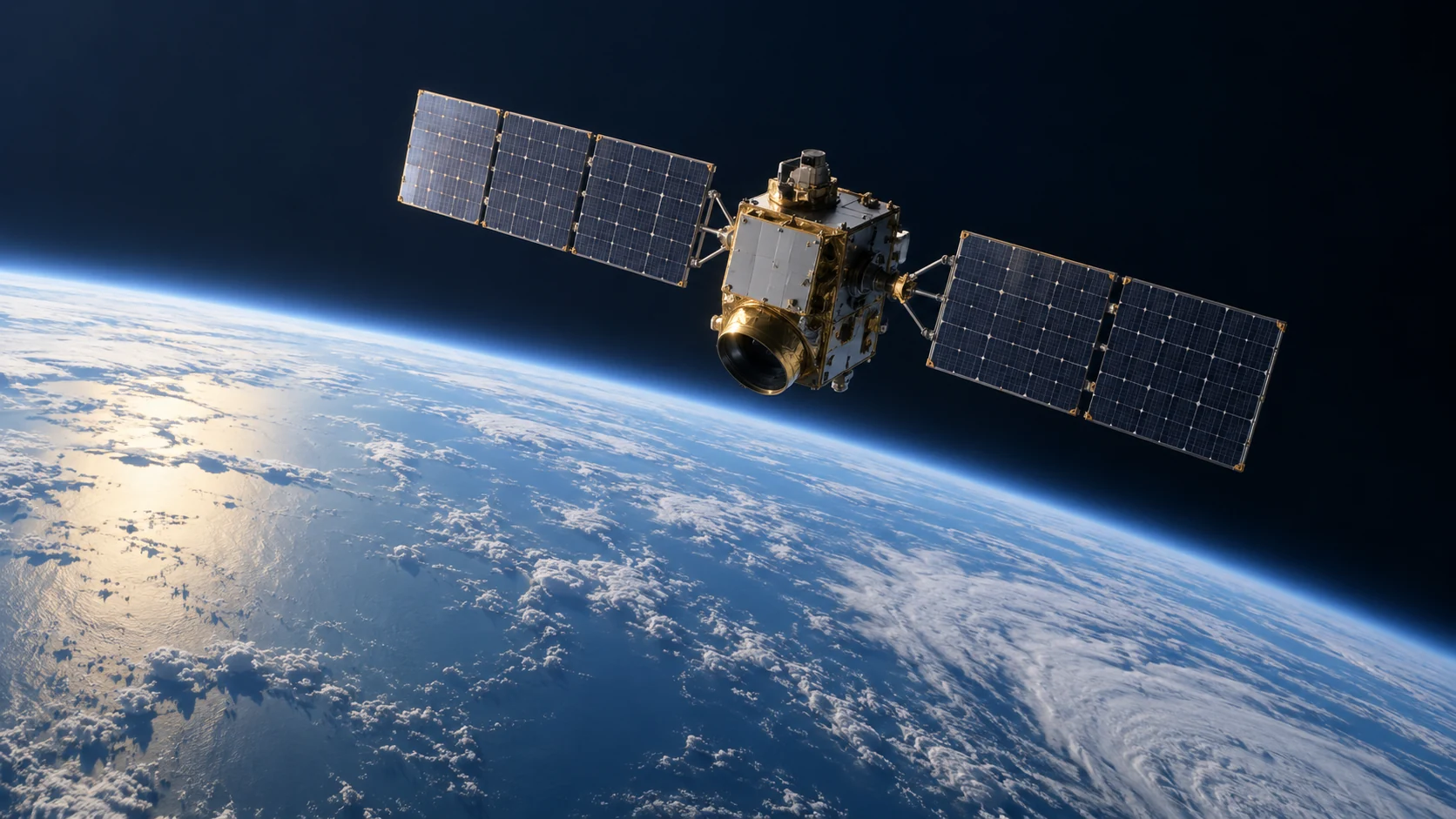 地球の曲面上空に浮かぶ、2枚の太陽電池パネルを備えた地球観測衛星のコンセプト画像。