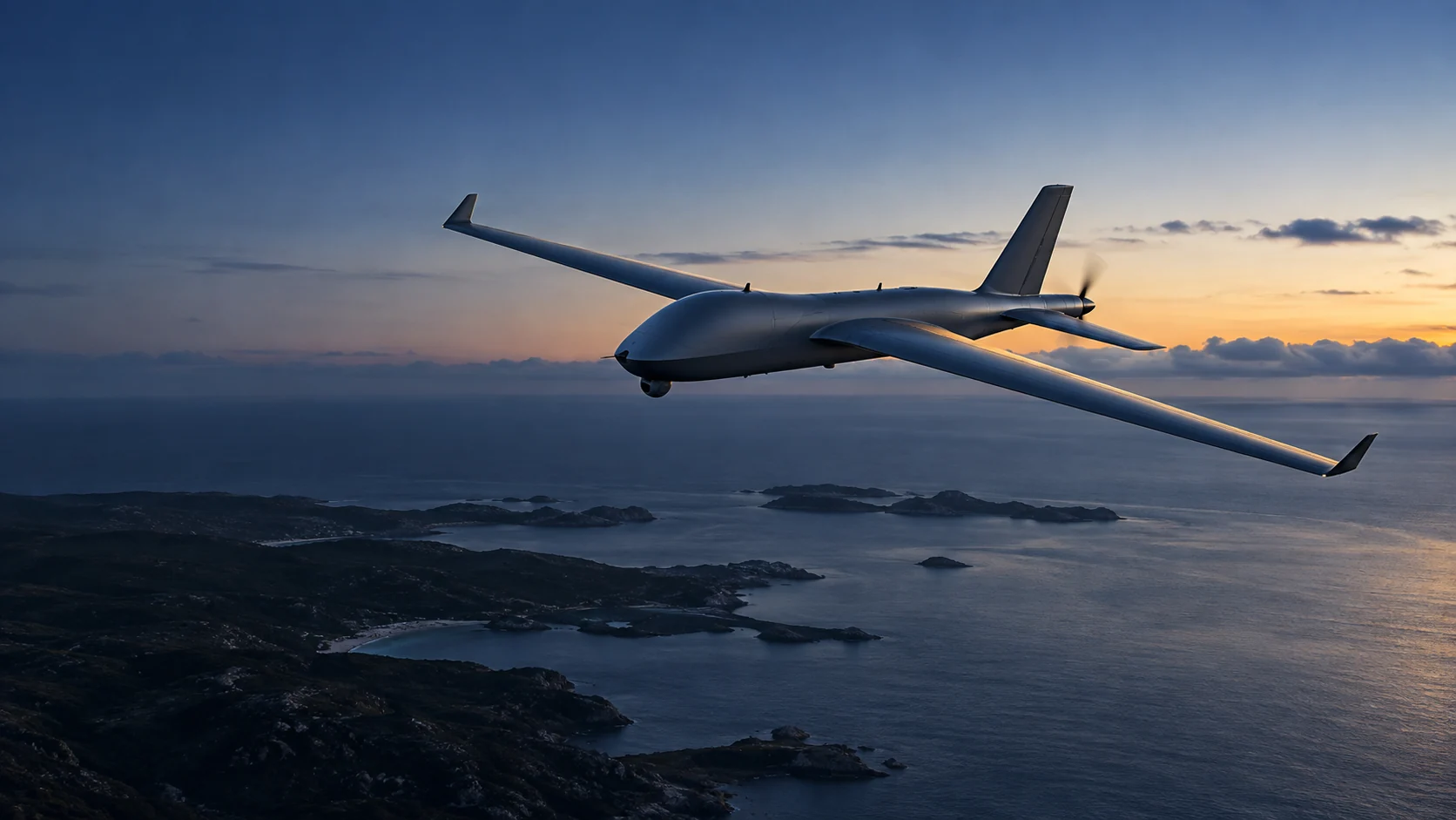 夕暮れの海岸上空を飛ぶ非武装の研究用UAVのコンセプト画像。